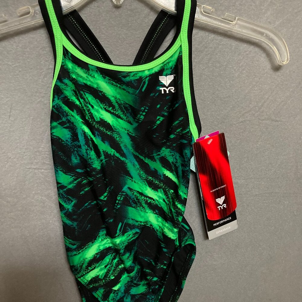 TYR Swimsuit GIRLS Size 26 (Sz7/8) NWT Green Twilight Zone Dimaxback Made in USA